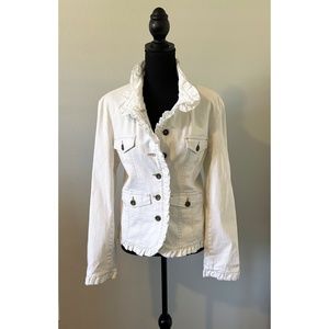 Sweet Jade,  White Button Front Ruffled Denim Jacket NWT, fully lined, size L